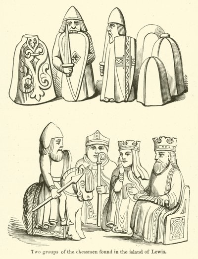 Lewis adasında bulunan iki satranç taşı grubu (gravür) by English School