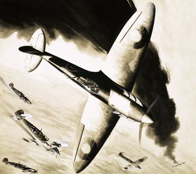 Alman savaşçılarla it dalaşında kimliği belirsiz Spitfire by English School