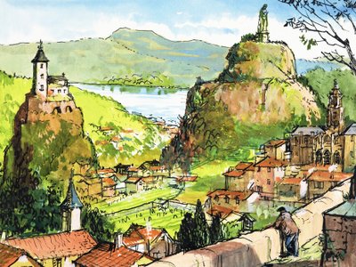 Tepedeki heykelin karşısındaki kayada kilise ile tanımlanamayan kırsal sahne by English School