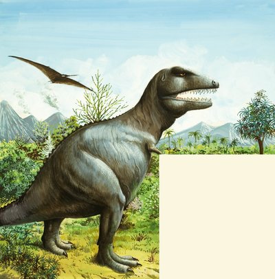 T Rex ve Pterodactyl ile tanımlanamayan dinozor sahnesi by English School