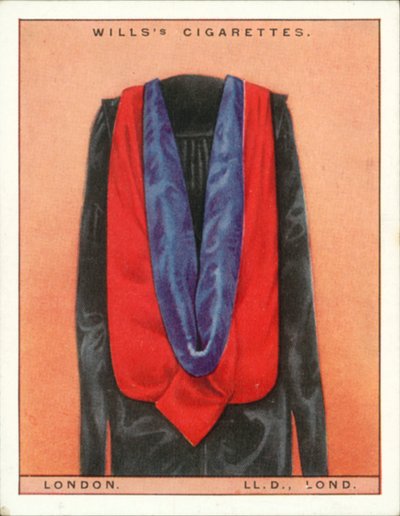 Üniversite Cübbeleri ve Önlükleri: Londra Üniversitesi, Hukuk Doktoru, LLd, Lond (renkli taş baskı) by English School