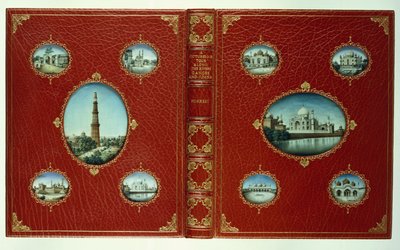 Üst ve alt kapaklar, yaldızlı bordürlü on oval cami minyatürü by English School