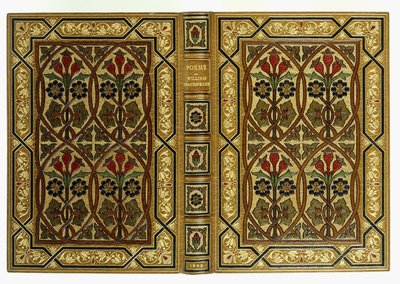 Art-Nouveau geçmeli geometrik desenlerde çiçekli üst ve alt kapaklar, 1893 by English School