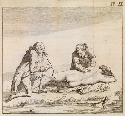 Canlandırmaya yardımcı olmak için boğulan kadının bağırsaklarına tütün dumanı üflemek için bir tütsüleyici kullanmak, c.1790 (gravür) by English School