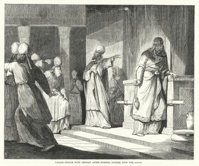Uzziah, Sunak üzerinde Tütsü yaktıktan sonra Cüzzam ile vurdu (gravür) by English School