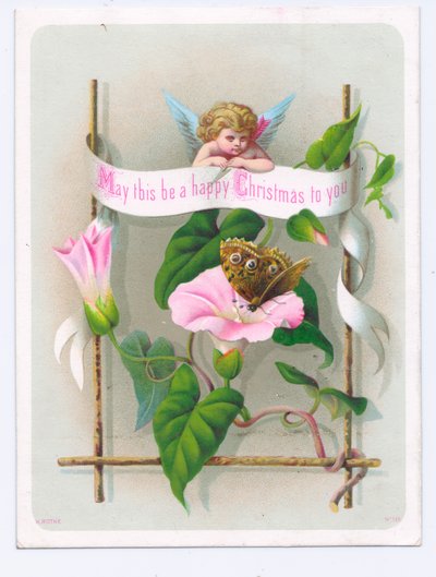 Pembe bir çiçeğin üzerindeki kelebeğe bakan aşk tanrısının resmedildiği Viktorya dönemi Noel kartı, 1880 civarı (renkli taş baskı) by English School