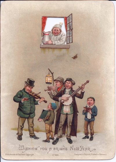 Aşağıdaki sokak müzisyenlerine bir sürahi su dökmeye hazırlanan gecelikli bir adamın Viktorya Yeni Yılı kartı, 1880 dolayları (renkli taş) by English School