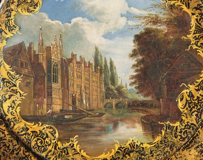 Johns College, Cambridge, Third Court ve köprüsünden (kağıt mache) bir sahne ile süslenmiş Viktorya dönemi tabağı by English School