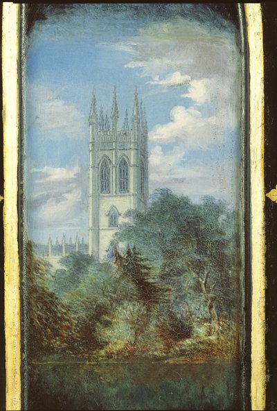 Magdalen College, Oxford (kağıt mache) sahnesiyle süslenmiş Viktorya dönemi dikiş dolabı paneli by English School
