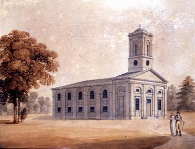 Bir Parkta Neo-Klasik Kilise Görünümü, c.1790 (kağıt üzerine suluboya) by English School