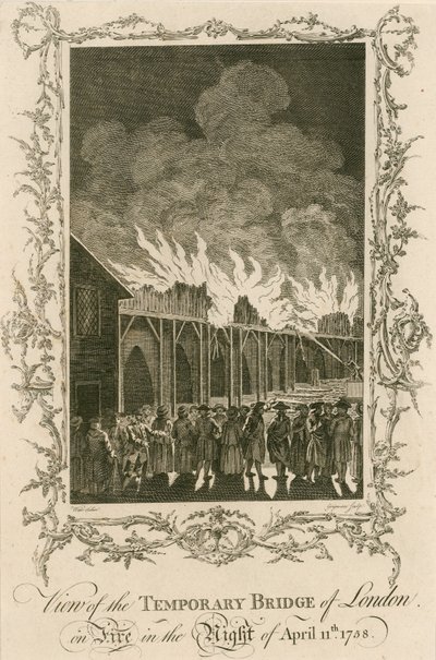 11 Nisan 1758 gecesi yanan Londra geçici köprüsünün görünümü by English School