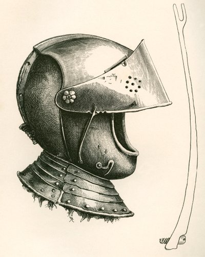 1643 dolaylarından kalma siperlikli miğfer. Yandaki parça, 1868'de yayınlanan The British Army: Its Origins, Progress and Equipment'tan kullanılan çentiğe göre vizörü farklı açılarda tutmak için kullanılan tam boyutlu vizör desteğidir. by English School