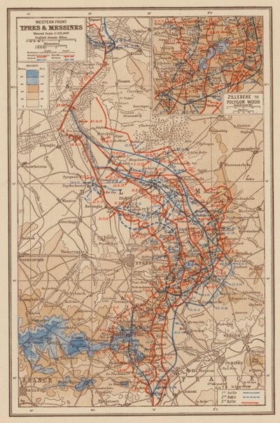 1. Dünya Savaşı: Batı Cephesi, Ypres ve Messines (renkli taş baskı) by English School