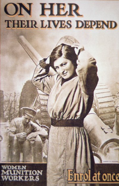 Kadın Mühimmat İşçilerini cesaretlendiren Birinci Dünya Savaşı posteri, c.1914-18 (renkli taş) by English School