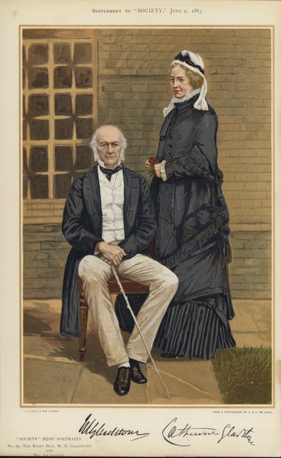 W E Gladstone ve Bayan Gladstone (renkli taş baskı) by English School