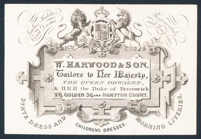 W Harwood & Son, terziler, ticari kart by English School