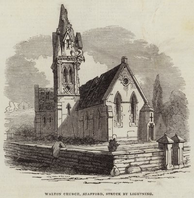 Walton Kilisesi, Stafford, Yıldırım tarafından vuruldu (gravür) by English School