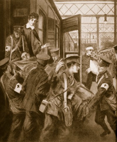 Bir Londra tren terminaline gelen savaş yaralıları, 1914-19 by English School