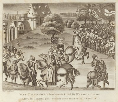 Wat Tyler küstahlığı nedeniyle Walworth tarafından öldürülür ve Kral Richard kendini Asilerin başına geçirir. by English School