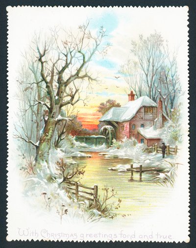 Nehir kenarında su değirmeni, Noel kartı by English School