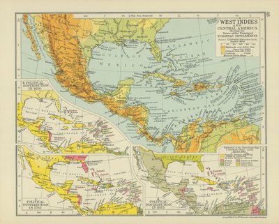 Başlıca Avrupa Yerleşimlerinin Tarihlerini Gösteren Batı Hint Adaları ve Orta Amerika (renkli taş baskı) by English School