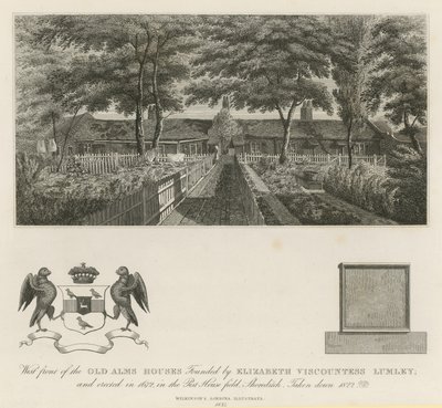 Elizabeth Vikontes Lumley tarafından kurulan eski sadaka evlerinin batı cephesi (gravür) by English School