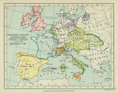 Utrecht ve Rastadt Antlaşmalarıyla Yapılan Değişiklikleri Gösteren Batı Avrupa (renkli taş baskı) by English School