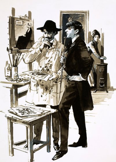 Whistler ve Aubrey Beardsley (kağıt üzerinde guaj) by English School