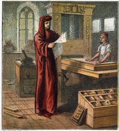 William Caxton (1422-1491), ilk İngiliz matbaacı, bir matbaa ile atölyesinde. William Caxton, ilk İngiliz matbaacısı. by English School