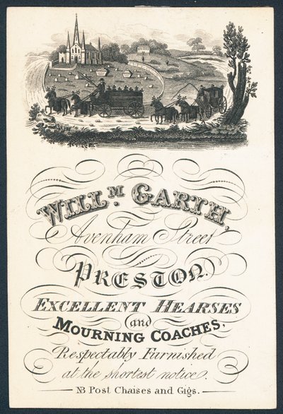 William Garth, mükemmel cenaze arabaları ve yas arabaları tedarikçisi, ticari kart by English School