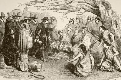 William Penn, 1682'de Delaware veya Lenape Kızılderilileriyle bir anlaşma yapar (litho) by English School