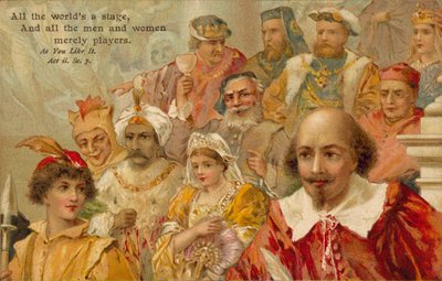William Shakespeare bazı karakterleriyle birlikte (renkli taş baskı) by English School