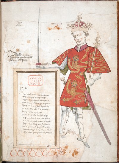 Fatih William , Zırhlı ve cüppeli bir İngiliz kralı, ayetler ( parşömen ) içeren bir plaket sunuyor by English School