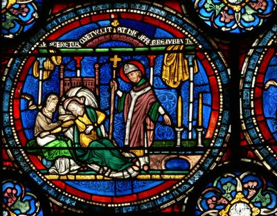 St Thomas Becket Mucizesi penceresinden bir sahneyi gösteren n4 penceresi: Julia Puintel mezara gitmesini söyledi by English School
