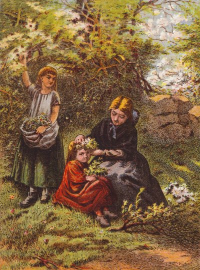 Çiçeklerle bir kızın saçını süsleyen kadın (renkli taş baskı) by English School