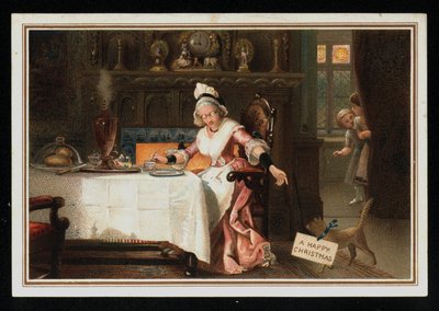 Kedisiyle çay içen kadın, Noel tebrik kartı. (kromolito) by English School
