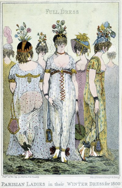 Harika: 1800 için kışlık elbiseleriyle Parisli kadınlar, İngiliz çizgi filmi. by English School