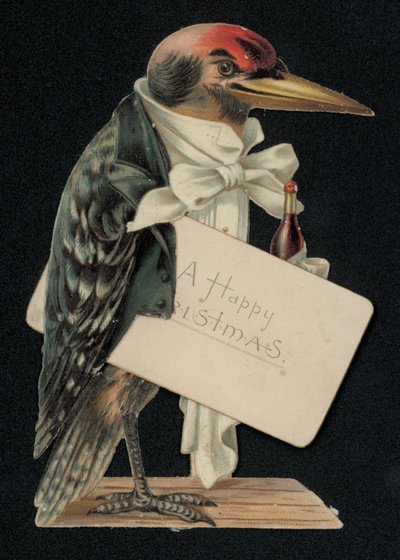 Garson veya uşak gibi giyinmiş ağaçkakan, Noel tebrik kartı (chromolitho) by English School