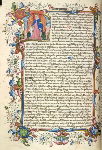Yates Thompson 48, f.172v V. Henry'nin tarihsel baş harfi 'N'(ostre) ve Tüzüklerinin başında 'Nova Stauta'dan (parşömen) tam yapraklı bir kenarlık by English School