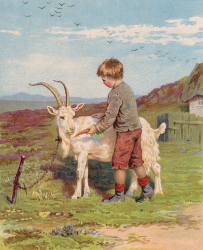Çiftlikteki tekeye havuç besleyen genç çocuk (chromolitho) by English School