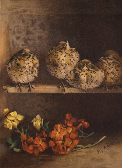 Genç civcivler ve çiçekler (chromolitho) by English School