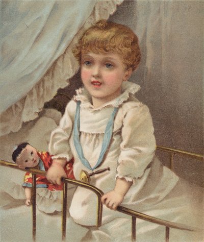 Bebek karyolası içindeki küçük çocuk (chromolitho) by English School