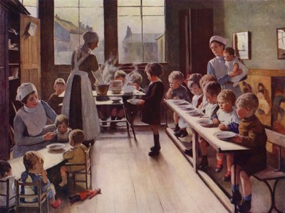 Kreşte yemek zamanında küçük çocuklar (renkli taş) by English School