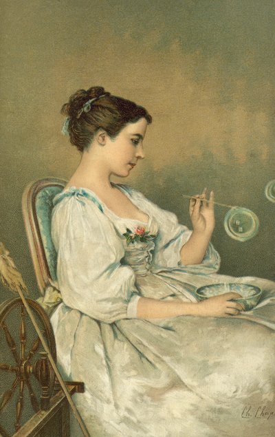 Baloncuk üfleyen genç kadın (chromolitho) by English School