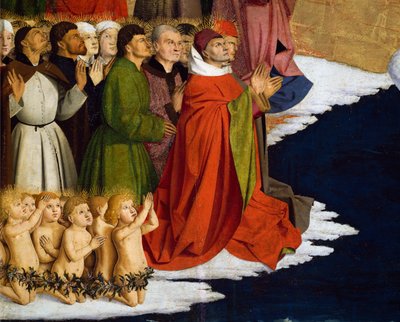 Erkekleri ve çocukları vaftiz etmek, Virgin Altarpiece'in taç giyme töreninden detay by Enguerrand Quarton