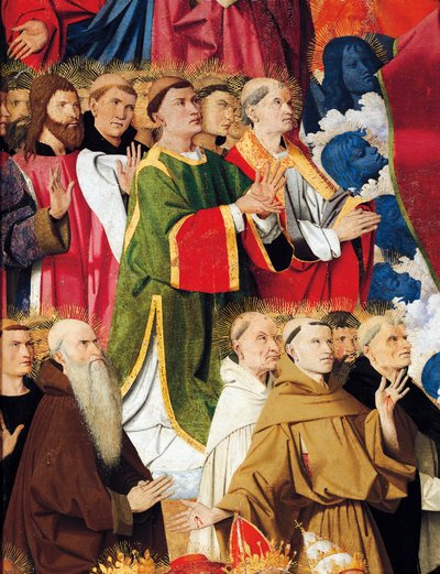Dini tarikatlar ve din adamları, Enguerrand Quarton'ın (1410-1466 dolaylarında) Virgin Altarpiece'in Taç Giyme Töreni'nden detay, panelde tempera by Enguerrand Quarton