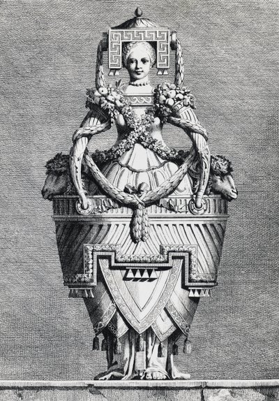 Antropomorfik vazo, Yunan gelini, Masquerade la Grecque, Suite des Vases and Cheminees, Parma'dan Ennemond-Alexandre Petitot (1727-1801) tarafından gravür by Ennemond Alexandre (after) Petitot