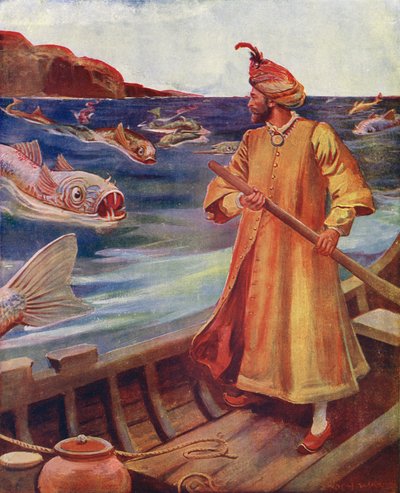 Sindbad Büyük Balıkları Görüyor (renkli taş baskı) by Enoch Ward