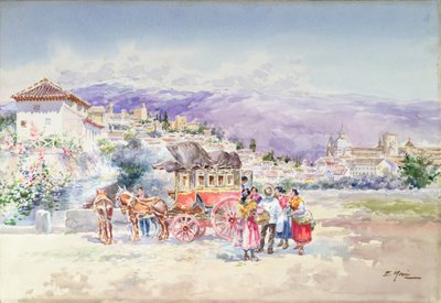 Bir Posta Arabasından inen yolcular (kalem ve sulu boya) by Enrique Marin Higuero