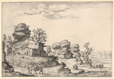 Köylü konutları ve sol ön planda bir ata önderlik eden bir adam ile manzara, ..., 1638. by Ercole Bazicaluva